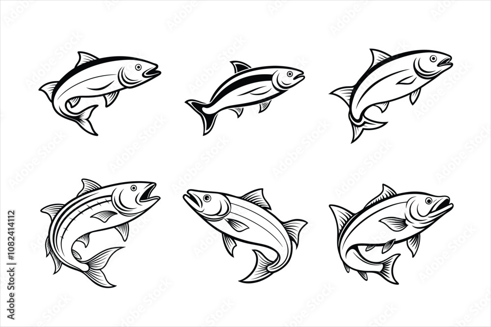 Obraz premium salmon fish vector design, labeled line art and linocut silhouette illustration.