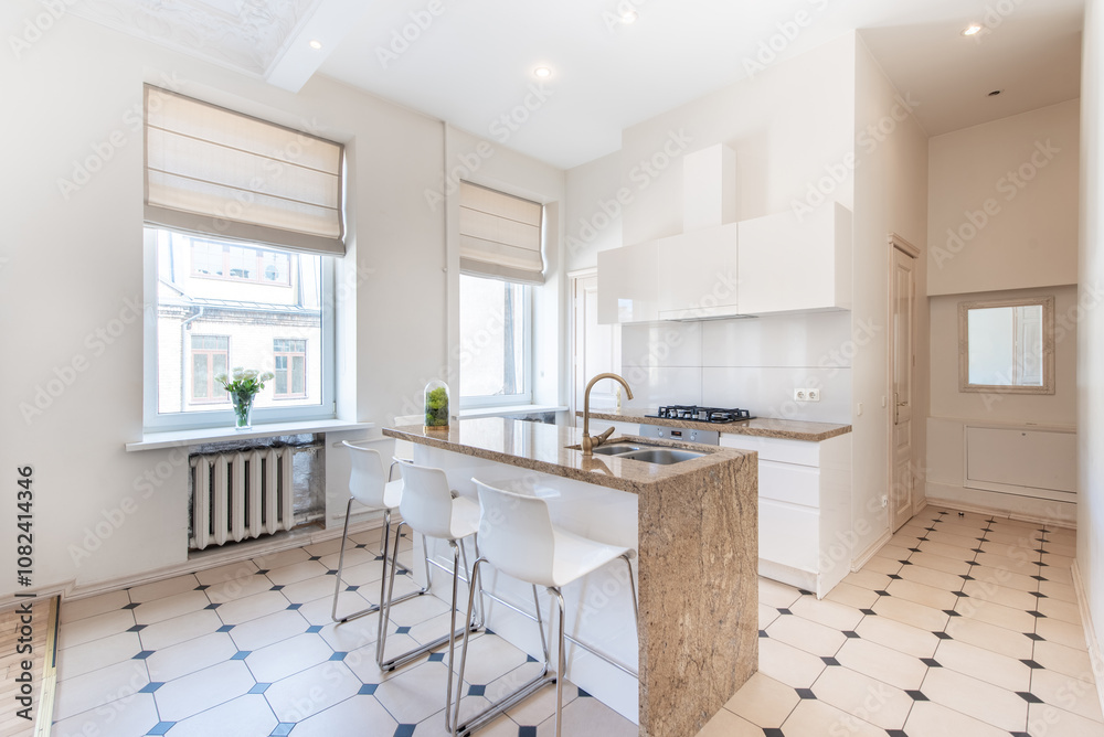 Scandinavian Style Cozy Modern Retro Classic Style Open Bright Kitchen Home Interior. Faucet, Fridge, Oven, Closet and Furniture in Background. Scandinavian Style Cozy Modern Retro Classic Style Open Bright Kitchen Home Interior. Faucet, Fridge, Oven, Closet and Furniture in Background.