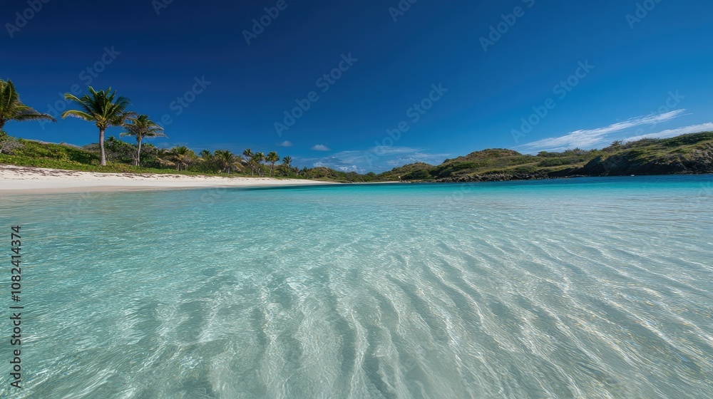 Crystal-clear turquoise waters on a white sand beach, with swaying palm trees and a bright, sunny sky above Crystal-clear turquoise waters on a white sand beach, with swaying palm trees and a bright, sunny sky above