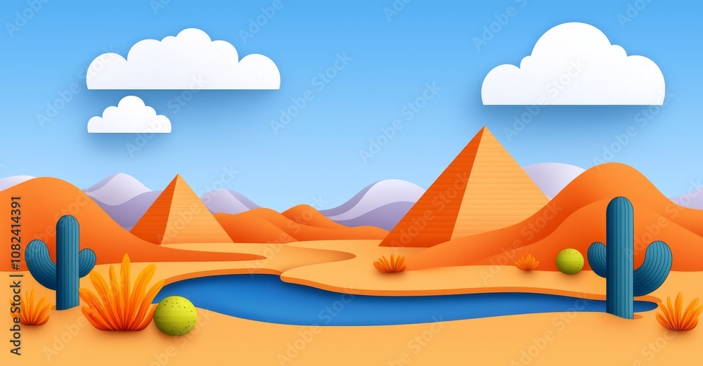 Modern cartoon illustration of an Egyptian landscape with yellow sand dunes and blue Nile water, ancient Egyptian tombs, hot sunshine, and clouds in the sky. Modern cartoon illustration of an Egyptian landscape with yellow sand dunes and blue Nile water, ancient Egyptian tombs, hot sunshine, and clouds in the sky.