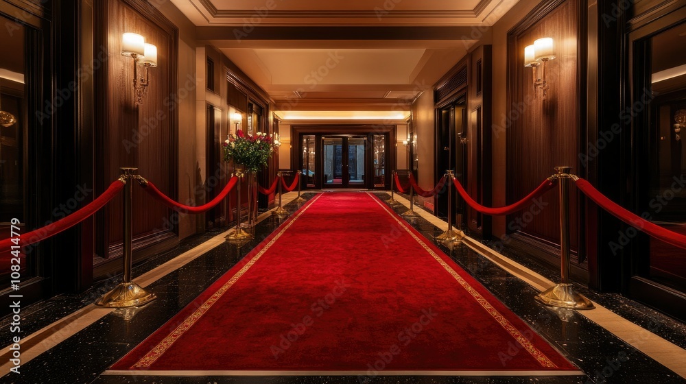 Elegant hallway with red carpet and velvet ropes leading to an inviting entrance, showcasing luxury architecture and exquisite interior design in a grand setting Elegant hallway with red carpet and velvet ropes leading to an inviting entrance, showcasing luxury architecture and exquisite interior design in a grand setting