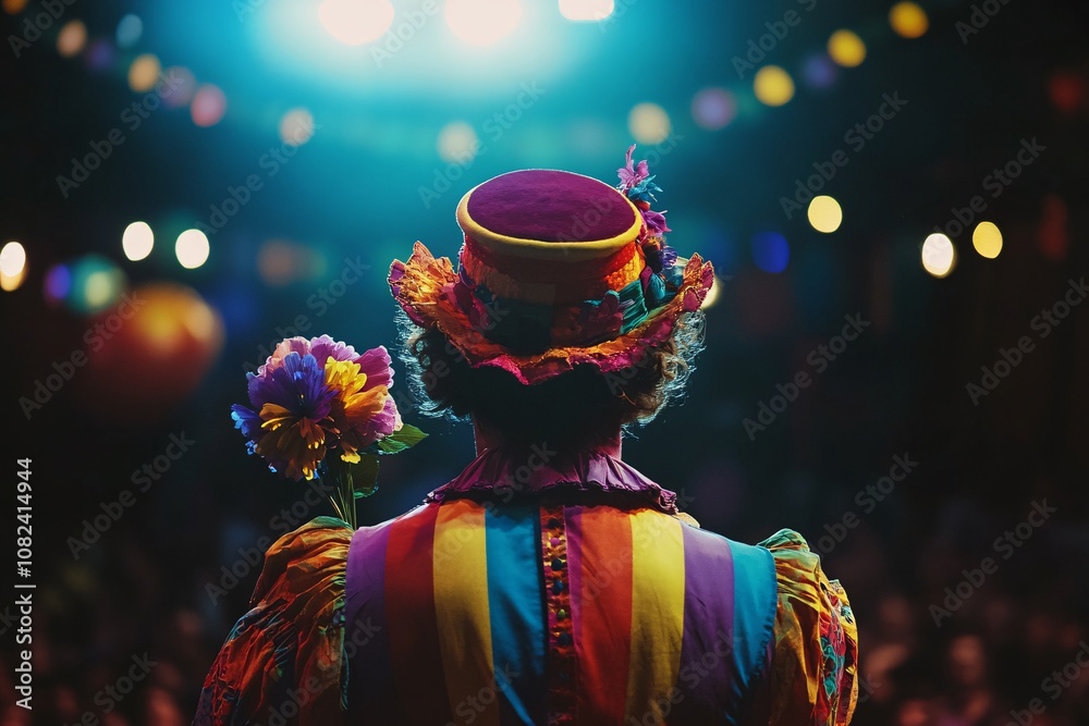Back view of a circus clown with colorful costume and hat, holding a flower, spotlight on, evening atmosphere, audience barely visible, close-up 1 Back view of a circus clown with colorful costume and hat, holding a flower, spotlight on, evening atmosphere, audience barely visible, close-up 1
