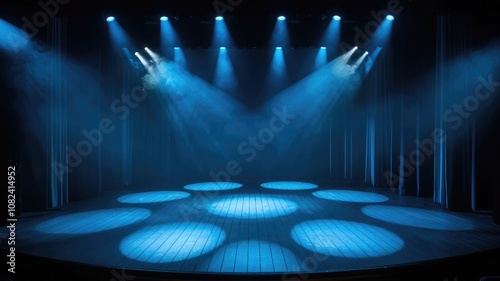 Theater Stage with Blue Spotlights and Curtains, Perfect for Creative Event Designs photo