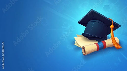 illustration of degree hat with diploma on blue background and copy space