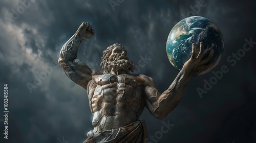A powerful statue of a muscular figure holding the Earth, representing strength and dominion over the planet.
