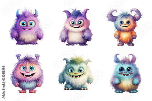 Cute Monster Watercolor Collection Bundle Set Isolated on a Transparent Background