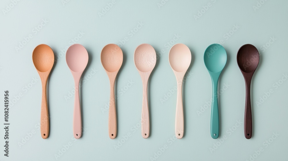 A row of spoons of different colors are lined up on a table