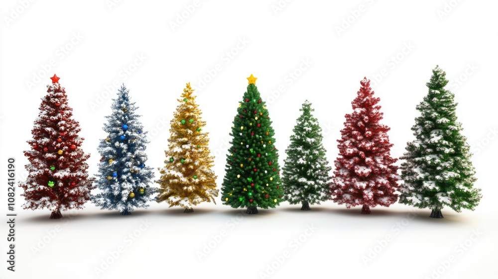 Fototapeta premium Christmas trees, traditional theme, colorful, isolated on white background