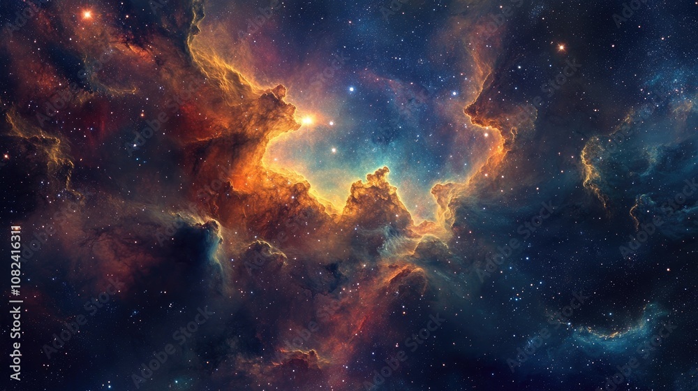 Fototapeta premium Stunning Colorful Cosmic Nebula with Bright Stars and Deep Space Background Capturing the Beauty of the Universe in a Vibrant and Mysterious Way