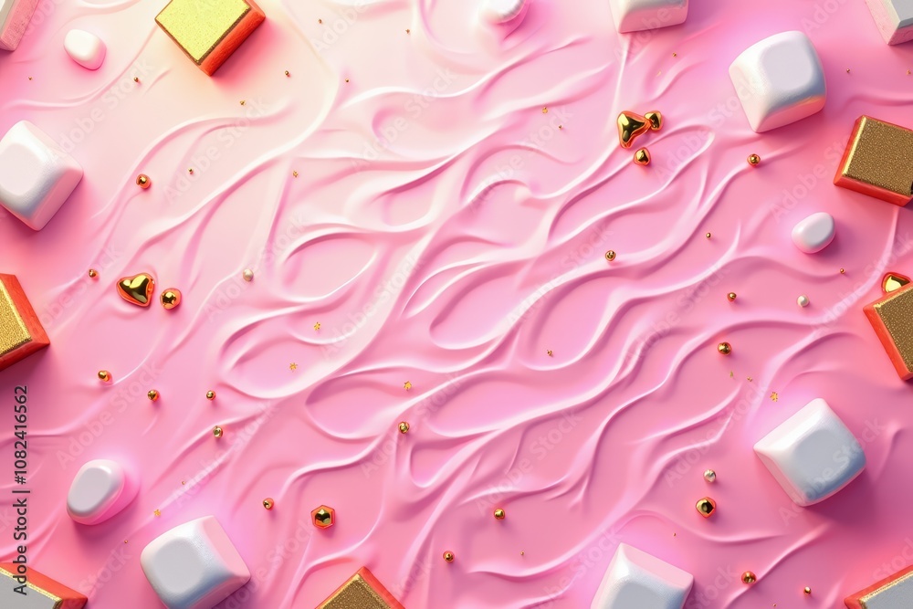 Pink abstract background with marshmallows and gold accents Pink abstract background with marshmallows and gold accents