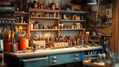 55. Side view of a workshop setup with miniature tools, paints, and dollhouse furniture