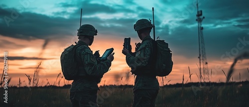Soldiers communicating in a sunlit field using handheld devices during training exercises in a serene outdoor environment
