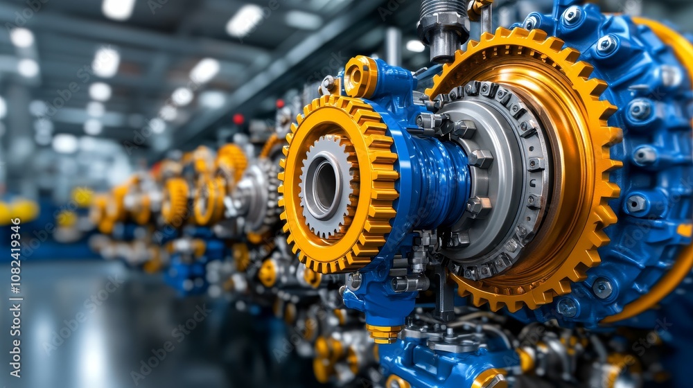 Industrial Machinery Gears and Cogs Close up in Factory Setting Industrial Machinery Gears and Cogs Close up in Factory Setting