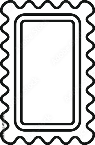 Simple black outline of a blank rectangular postage stamp featuring decorative wavy edges, evoking classic postal design