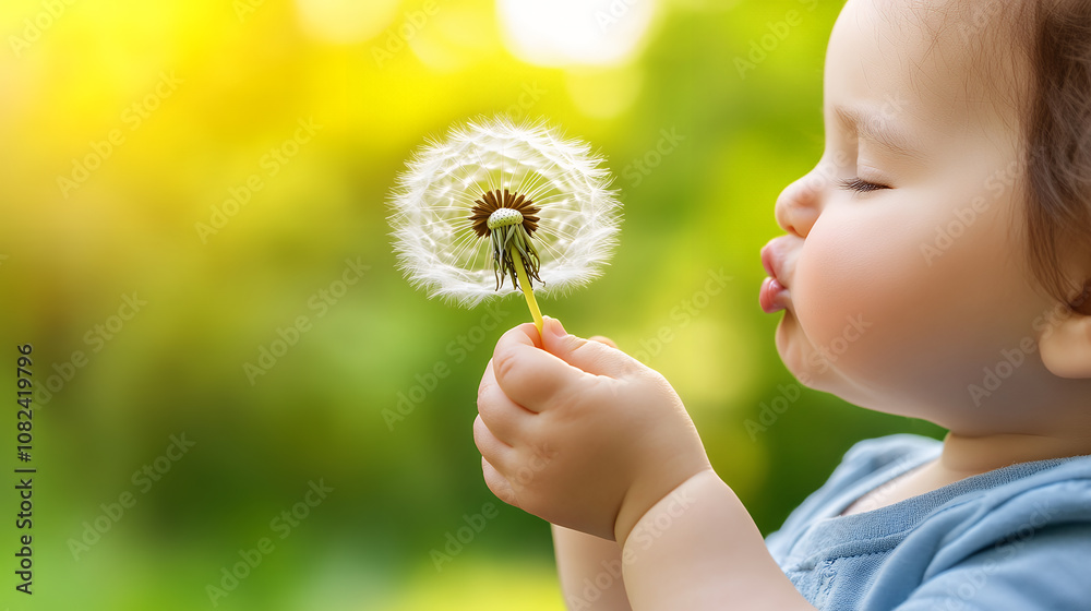 A baby gently blowing a dandelion, surrounded by a warm, sunny glow, capturing a moment of innocence A baby gently blowing a dandelion, surrounded by a warm, sunny glow, capturing a moment of innocence