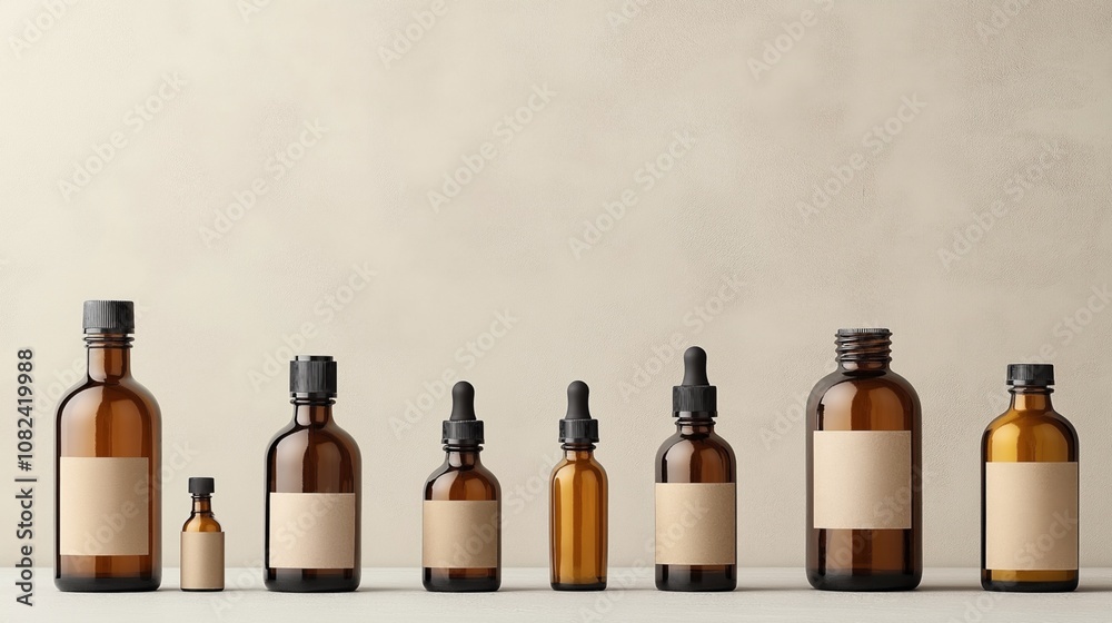 Row of amber glass bottles with blank labels and black caps on a neutral background Row of amber glass bottles with blank labels and black caps on a neutral background