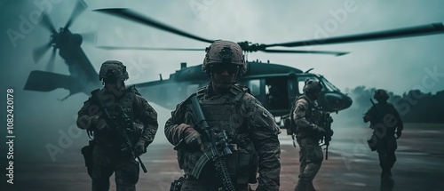 Military personnel approach a helicopter during a misty night operation at a secluded airfield