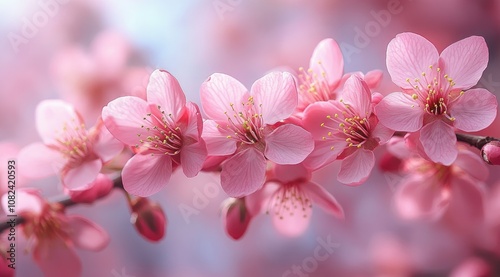 Close-up of delicate pink cherry blossoms on a branch against a soft, blurred background.