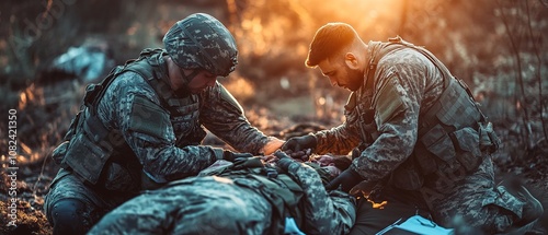Military medical personnel provide emergency care to a wounded soldier during a nighttime training exercise in a field hospital setting