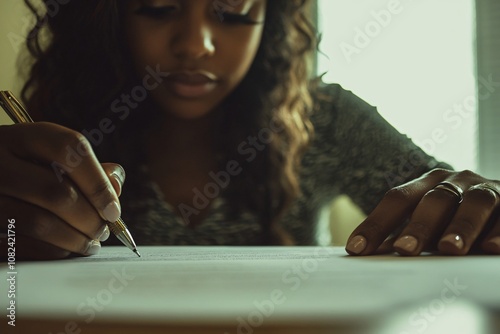 Focused black businesswoman in a professional setting, signing important paperwork with a pen, light shining on her face, soft office ambiance with minimal decor 1 photo