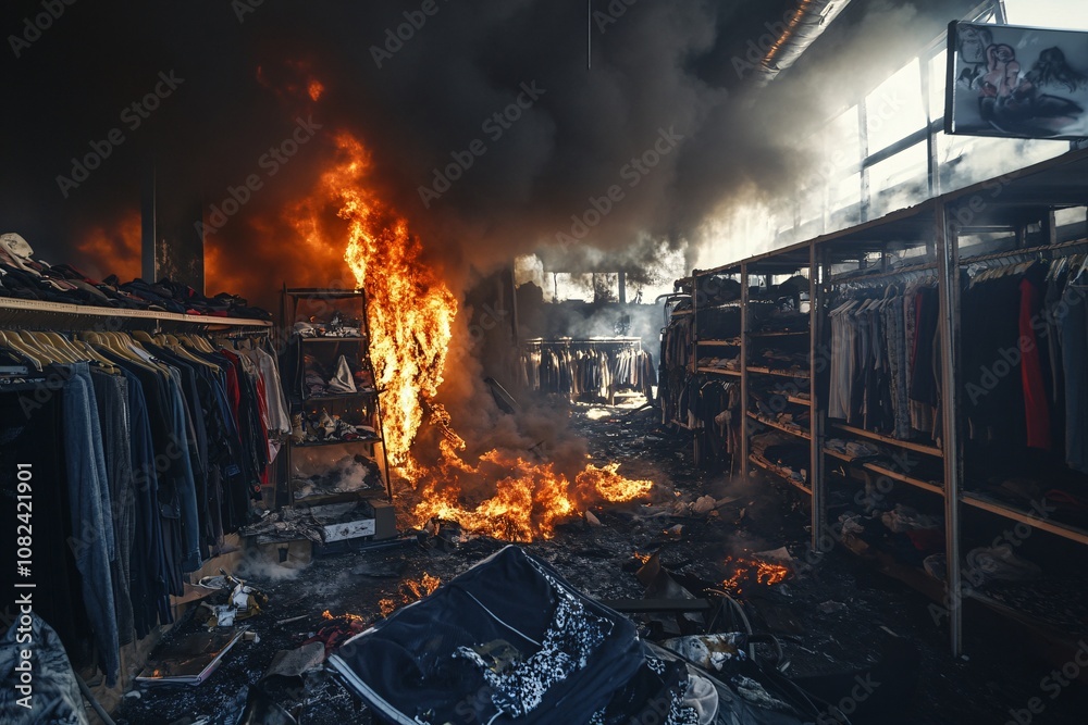 Flames consuming clothing racks in a boutique, with thick black smoke pouring out, a sign of the shop burning, creating chaos and destruction inside the store 2 Flames consuming clothing racks in a boutique, with thick black smoke pouring out, a sign of the shop burning, creating chaos and destruction inside the store 2