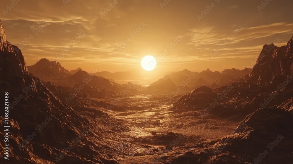 Breathtaking Sunset Over Alien Landscape with Dramatic Mountain Ranges and Golden Sky in a Sci-Fi Inspired Environment Breathtaking Sunset Over Alien Landscape with Dramatic Mountain Ranges and Golden Sky in a Sci-Fi Inspired Environment