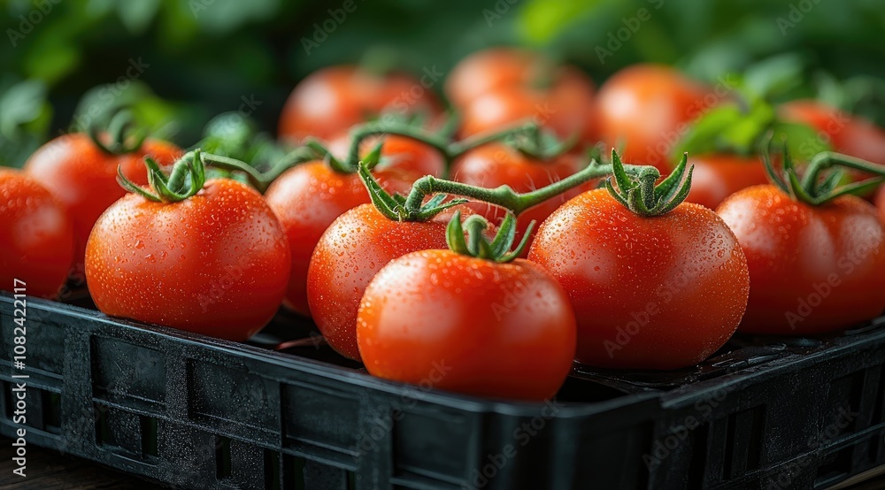 Close-up of fresh, red tomatoes in a black plastic container. Close-up of fresh, red tomatoes in a black plastic container.