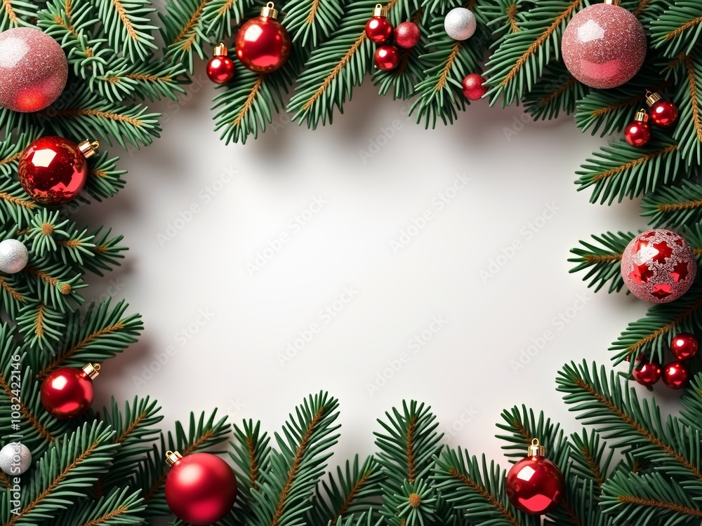 A vibrant holiday wreath is decorated with shiny red and white ornaments surrounded by lush green foliage, creating a festive atmosphere for seasonal celebrations. Copyspace A vibrant holiday wreath is decorated with shiny red and white ornaments surrounded by lush green foliage, creating a festive atmosphere for seasonal celebrations. Copyspace