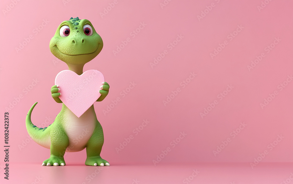 Fototapeta premium A green dinosaur stands on a pink background holding a pink heart. It's looking directly at the camera with a big smile