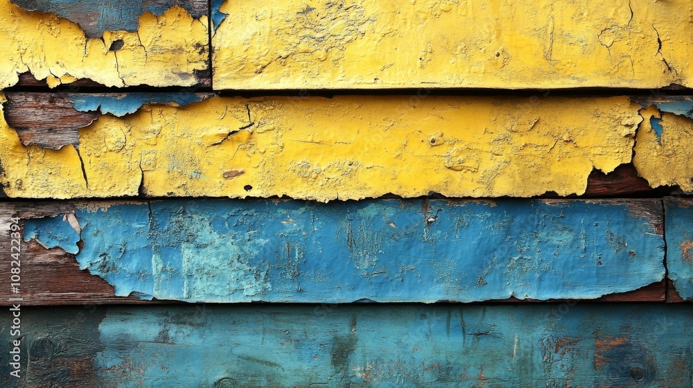 Obraz premium Peeling Blue and Yellow Paint Texture on Wooden Wall. Generative AI