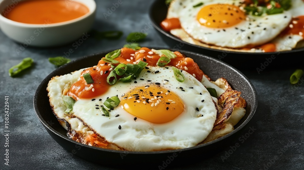 Fried eggs with black sesame seeds, chopped green onions, and tomato sauce in a black skillet on a dark surface Fried eggs with black sesame seeds, chopped green onions, and tomato sauce in a black skillet on a dark surface