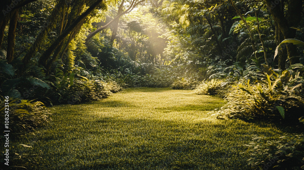 Fototapeta premium Tropical jungle scene with dense greenery in the background, soft sunlight filtering through leaves, and a large open space in the foreground.