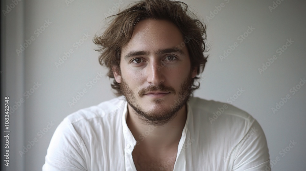 Fototapeta premium Portrait of a Handsome Young Man Smiling and Looking at the Camera in Bright Natural Light, Conveying Warmth and Approachability in a Minimalist Setting