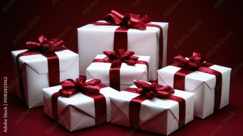 Festive and Elegant White Gift Boxes with Red Glitter Ribbons Arranged in an Artistic Display for Celebrations, Holidays, or Special Occasions Photography Festive and Elegant White Gift Boxes with Red Glitter Ribbons Arranged in an Artistic Display for Celebrations, Holidays, or Special Occasions Photography