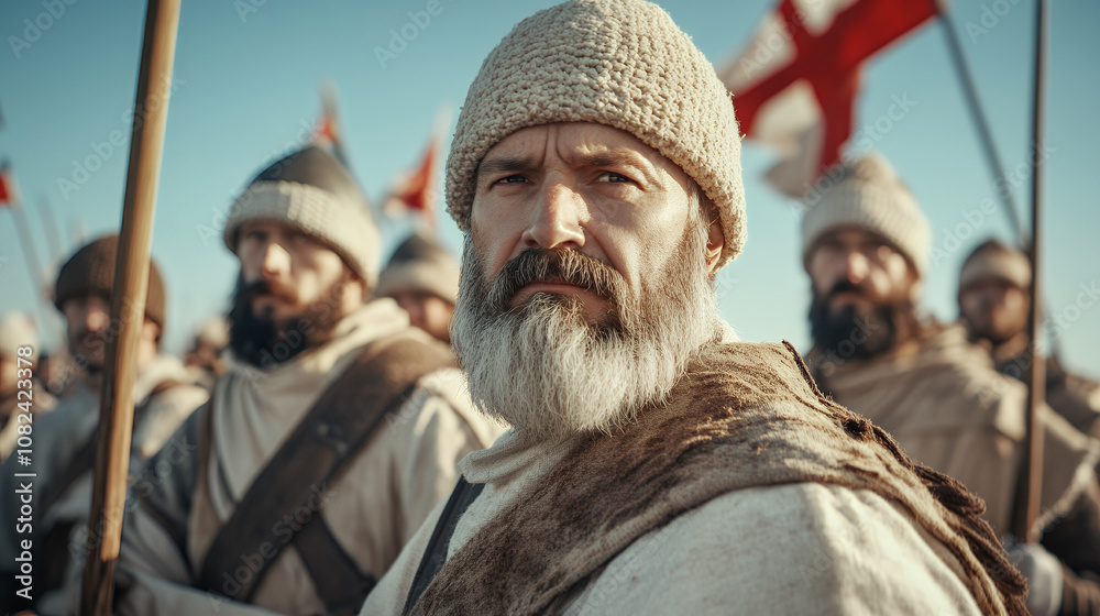 A group of medieval warriors in armor, prepared for battle under a clear sky A group of medieval warriors in armor, prepared for battle under a clear sky