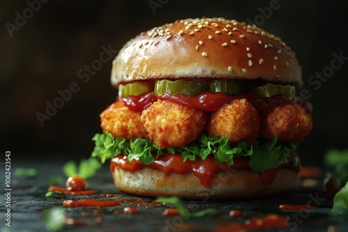 A close-up of a burger with crispy tater tots, pickles, and ketchup on a sesame seed bun photo