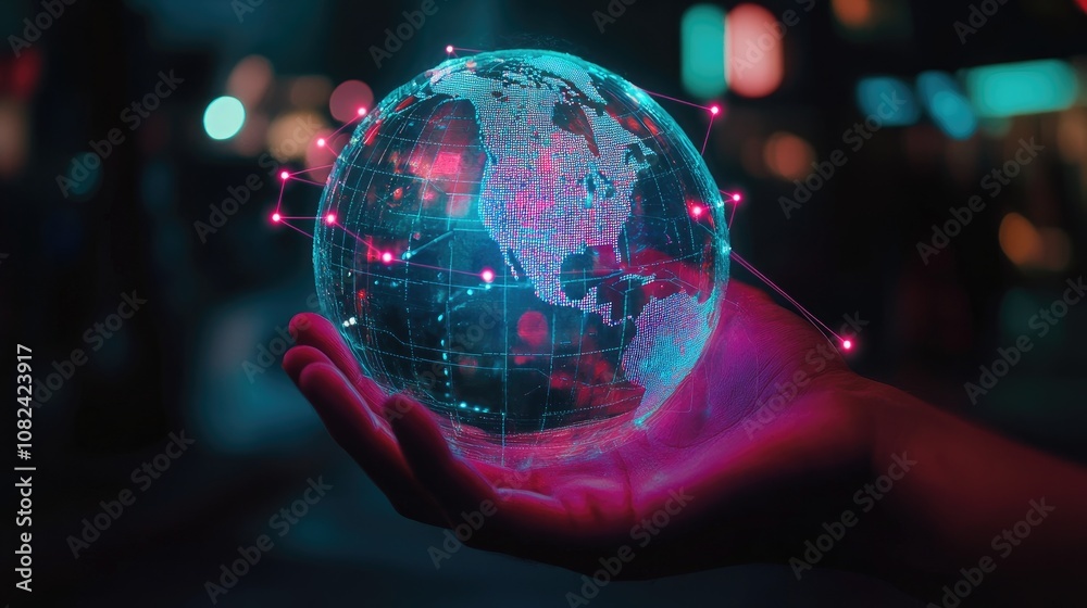 Fototapeta premium globe, neon, grid, holographic, lights, hand, dark, backdrop, futuristic, connectivity, network, global, technology, digital, overlay, innovation, concept, cyber, world, modern, tech, virtual, design,