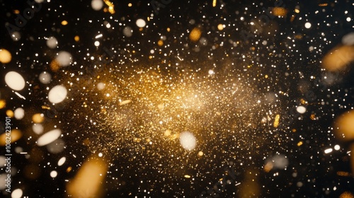 Fireworks bursting in gold and white against a black backdrop, with room for wri photo