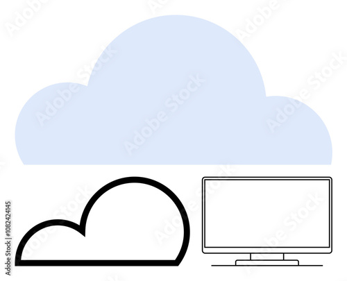 Large light blue cloud above a black outlined cloud and computer monitor. Ideal for technology, cloud services, data storage, computing, internet, IT solutions, digital transformation. Line metaphor