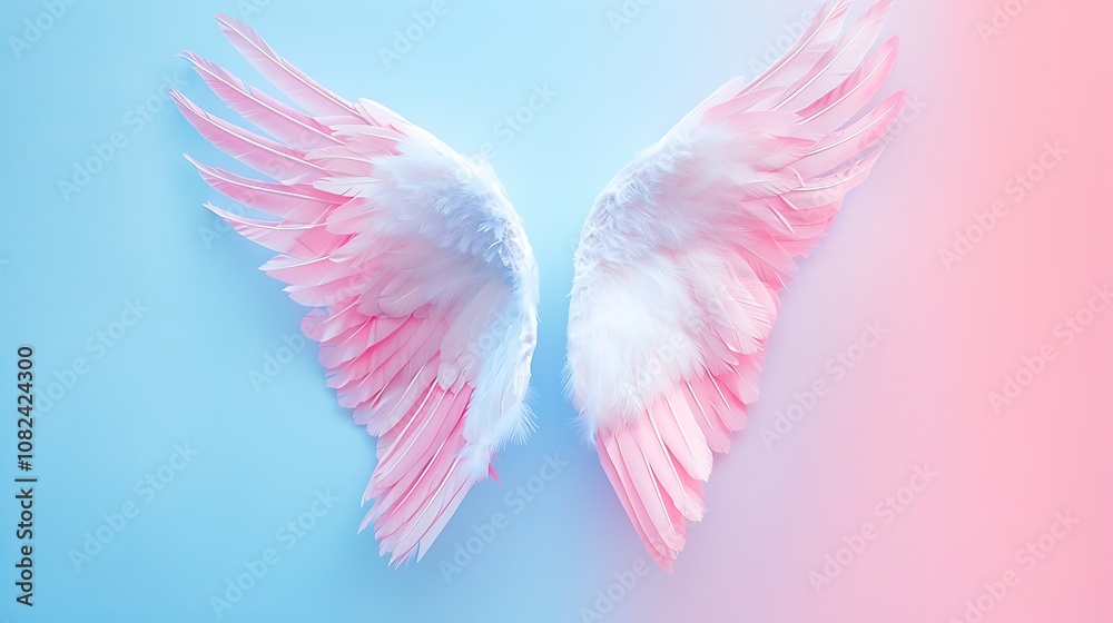 Ethereal pink and white angel wings against a gradient background, symbolizing beauty and freedom. Ethereal pink and white angel wings against a gradient background, symbolizing beauty and freedom.
