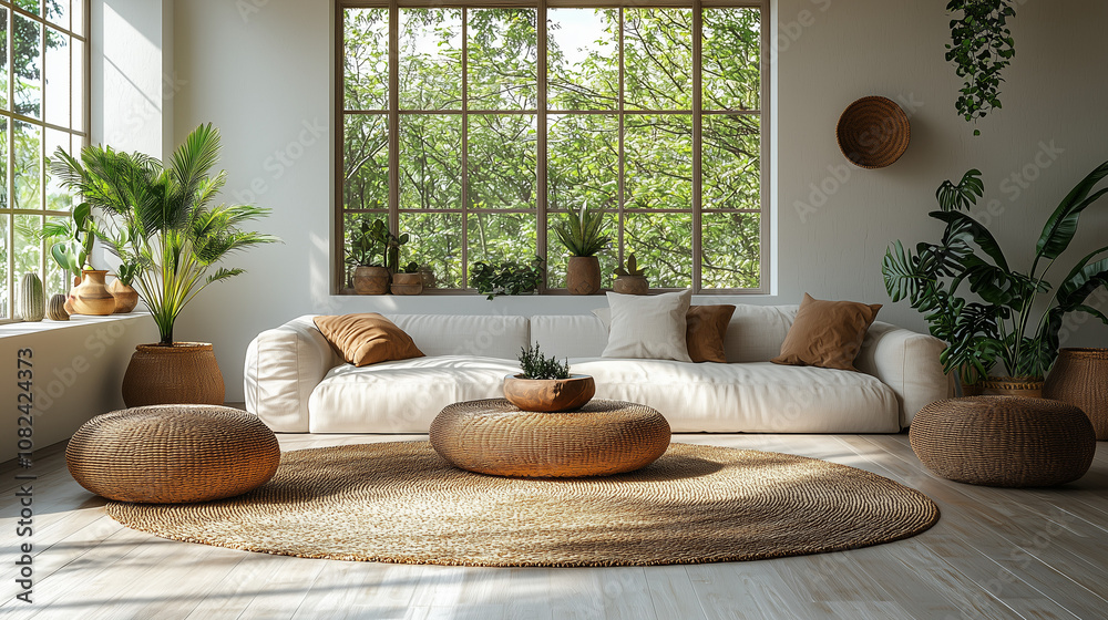 Serene Living Room: Sunlight streams into a minimalist living room, illuminating a calming space with natural textures, lush plants, and a comfortable off-white sofa. Serene Living Room: Sunlight streams into a minimalist living room, illuminating a calming space with natural textures, lush plants, and a comfortable off-white sofa.