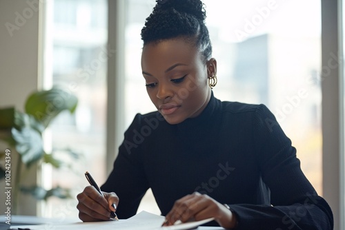 Black businesswoman in a modern office, signing documents with a pen, confident and calm expression, natural light streaming in from the window 1 photo