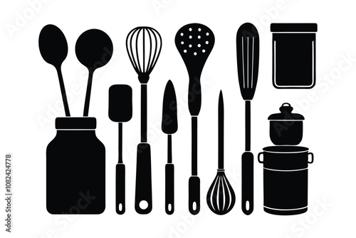 Minimalist Kitchen Utensils Silhouette Vector Set - Cookware, Black & White Outline Icons, Flat Culinary Design