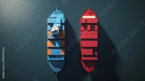 Trade network with container ship silhouettes flat design top view logistics theme 3D render Split-complementary color scheme photo