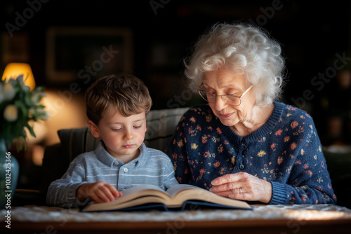 Elderly Woman with Gray Hair Reading a Book to Young Grandson in Cozy Room, Family Bonding Moment.