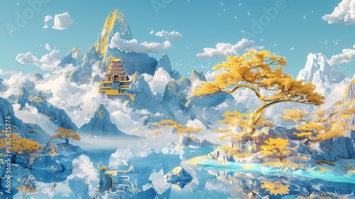 Traditional Chinese gold and jade inlaid art landscape painting poster background