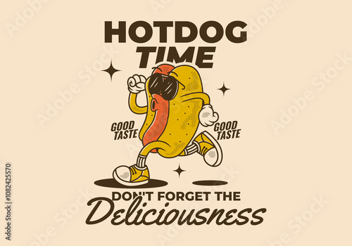 Hot Dog time, Don't forget the deliciousness. Vintage retro character of hot dog in running pose