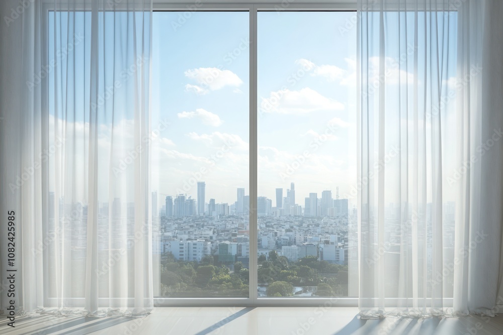 Fototapeta premium Bright Urban View Through Sheer Curtains
