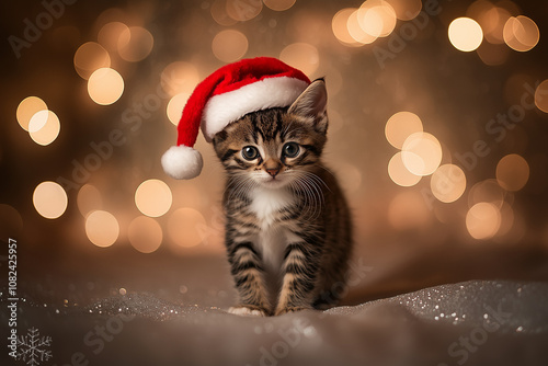 An adorable tabby kitten wearing a Santa hat, perched against a magical bokeh background, radiating holiday cuteness and warmth.