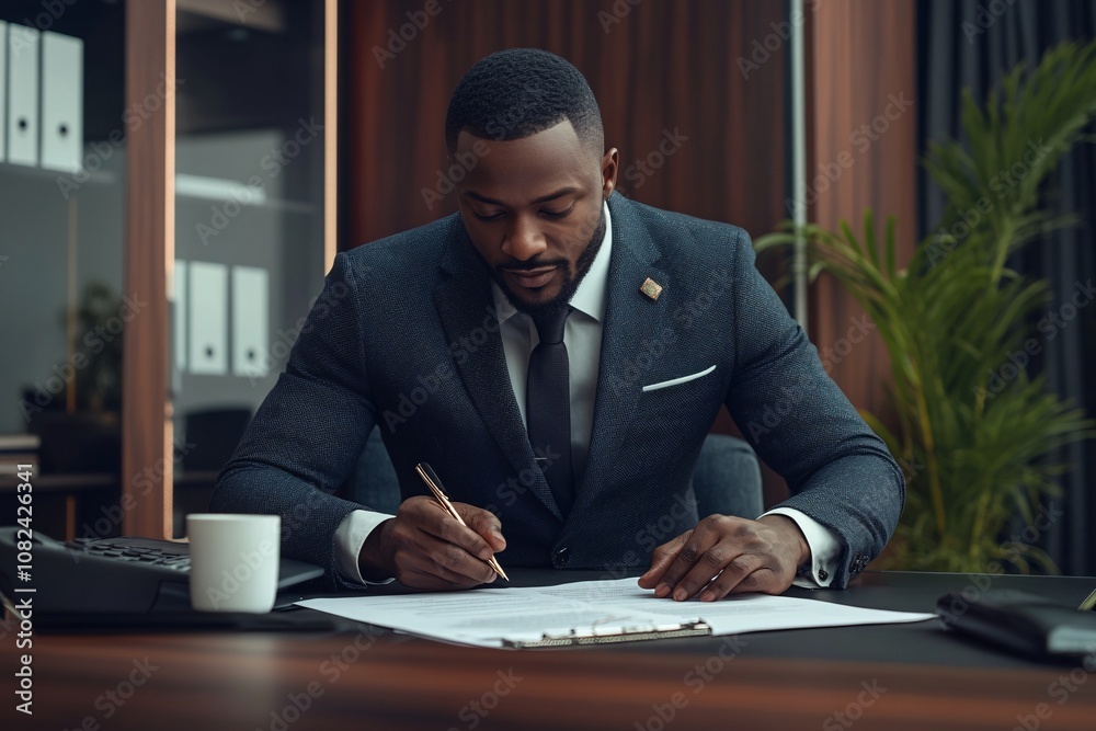 A black businessman, dressed in a well-tailored suit, signing an important business contract with a calm demeanor, with a cup of coffee on the desk, in a modern office setting 2 A black businessman, dressed in a well-tailored suit, signing an important business contract with a calm demeanor, with a cup of coffee on the desk, in a modern office setting 2